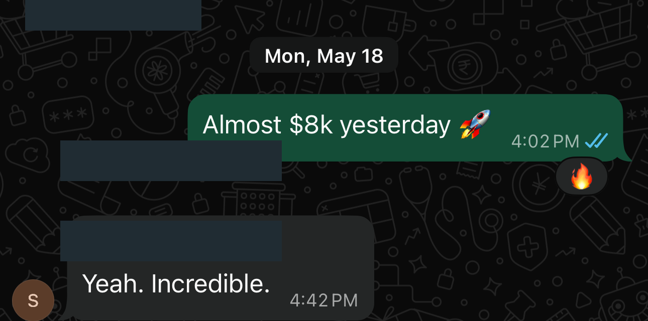 Client celebrating $8k sales day